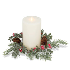 Frosty Candle Ring with Red Berries & Sand LED Pillar Light