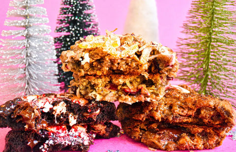 Best cookie flavor pairings featuring peppermint, coconut, and gooey chocolate cookies with festive holiday decorations