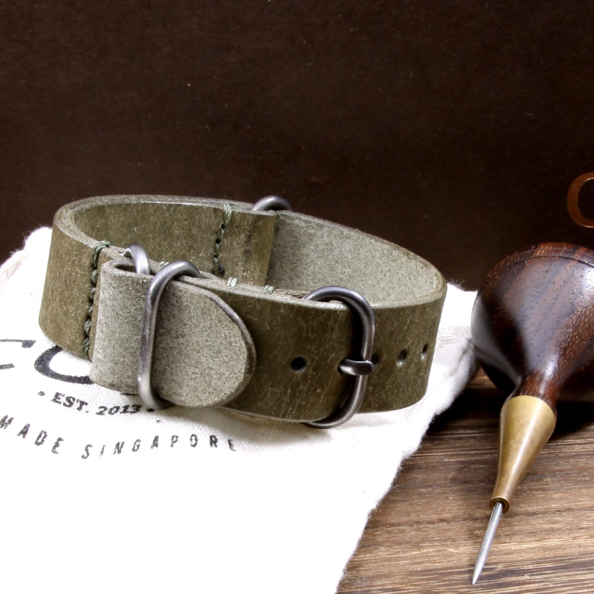 Leather Watch Strap, 4-Ring Rustic Olive | Full Grain Italian Veg Tanned Leather | Cozy Handmade