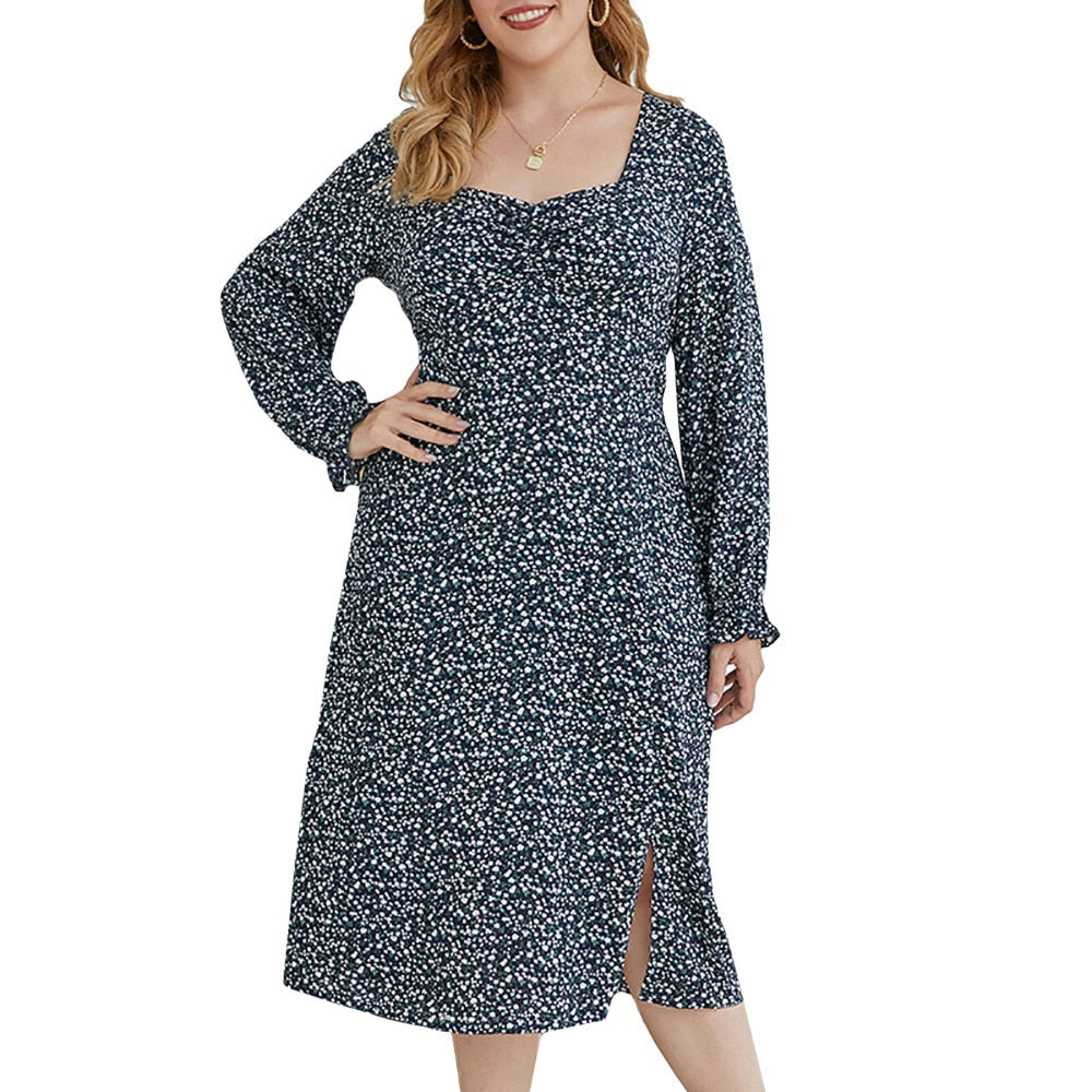 Plus Size Long Sleeve Elegant Mid-Calf Split Dress - 200000347 Find Epic Store
