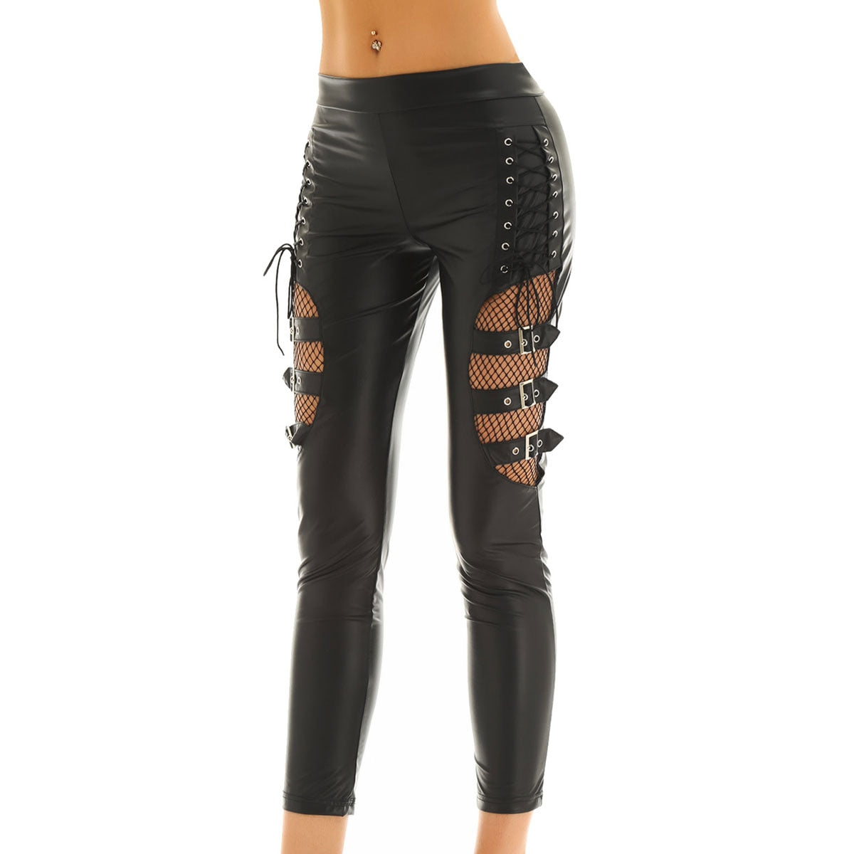 Women Black Faux Leather Fishnet Splice Pants – Find Epic Store