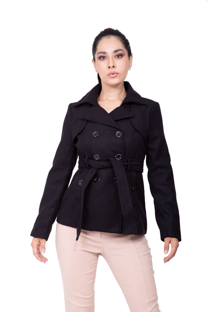 Abrigo negro estilo paño con cuello clásico cinta – Ciudadela