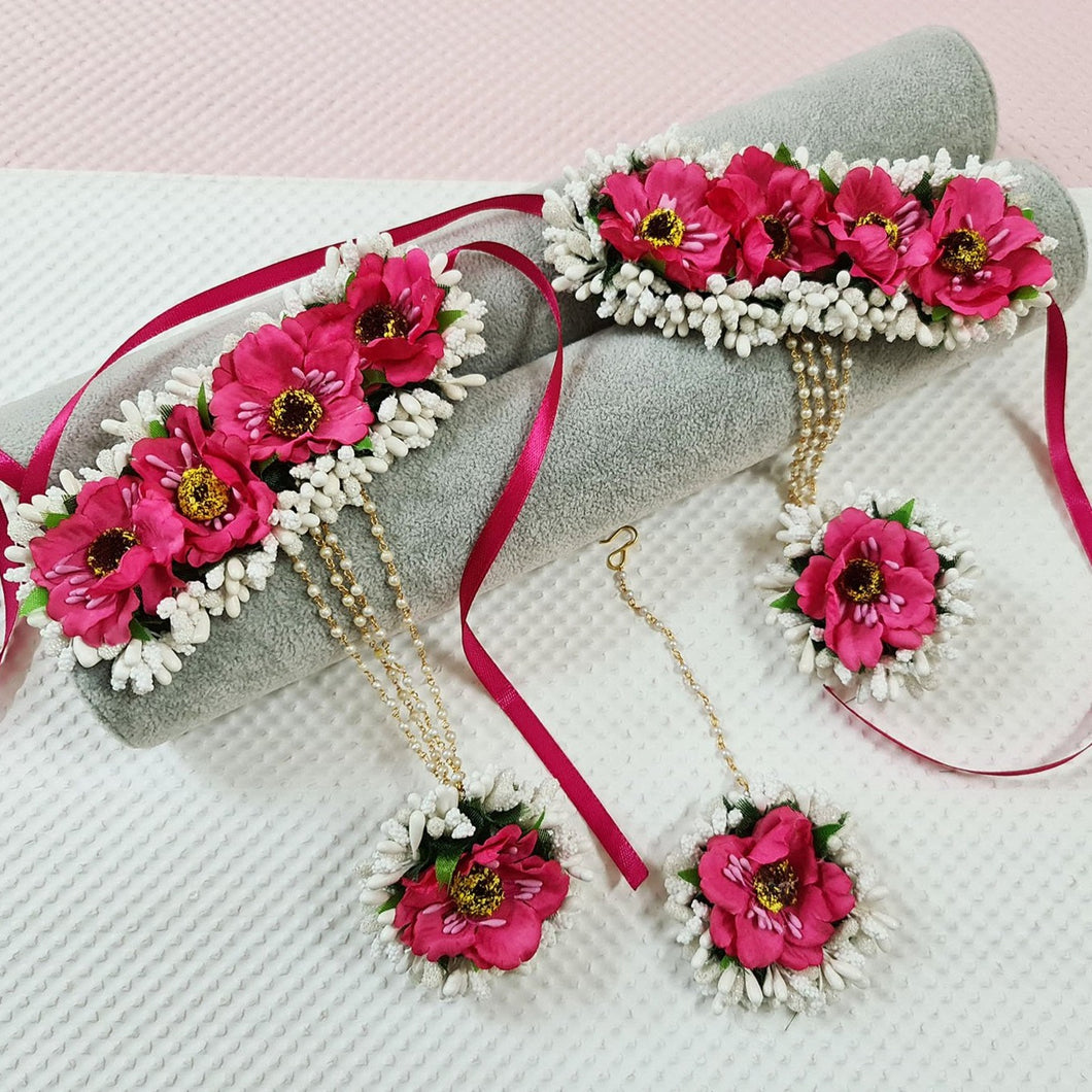 Pink & White Flower Jewellery Ring Bracelets & Maang Tika Set
