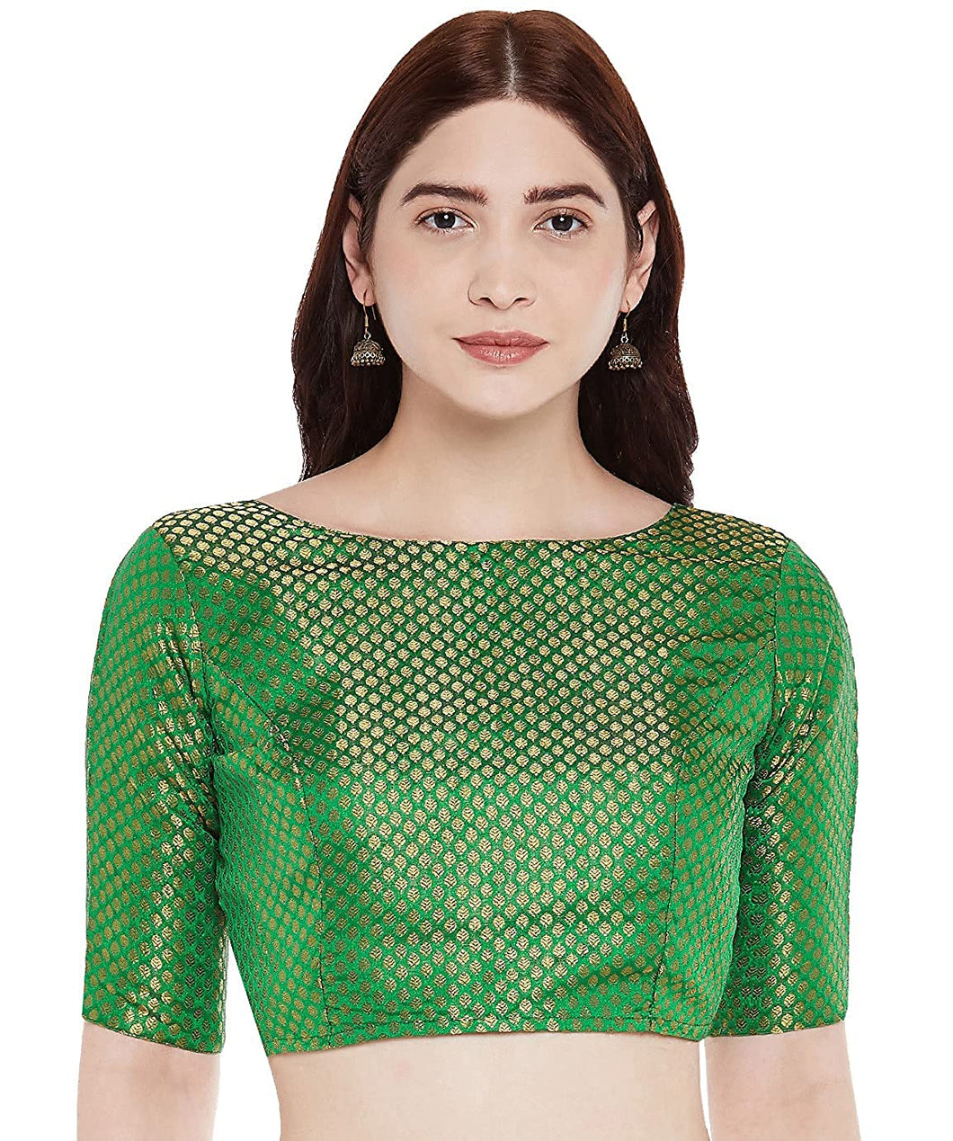 Green Brocade Saree Blouse with Elbow Length Sleeves