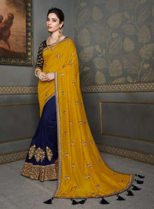 Yellow & Blue Colour Art Silk Embroidered Designer Saree
