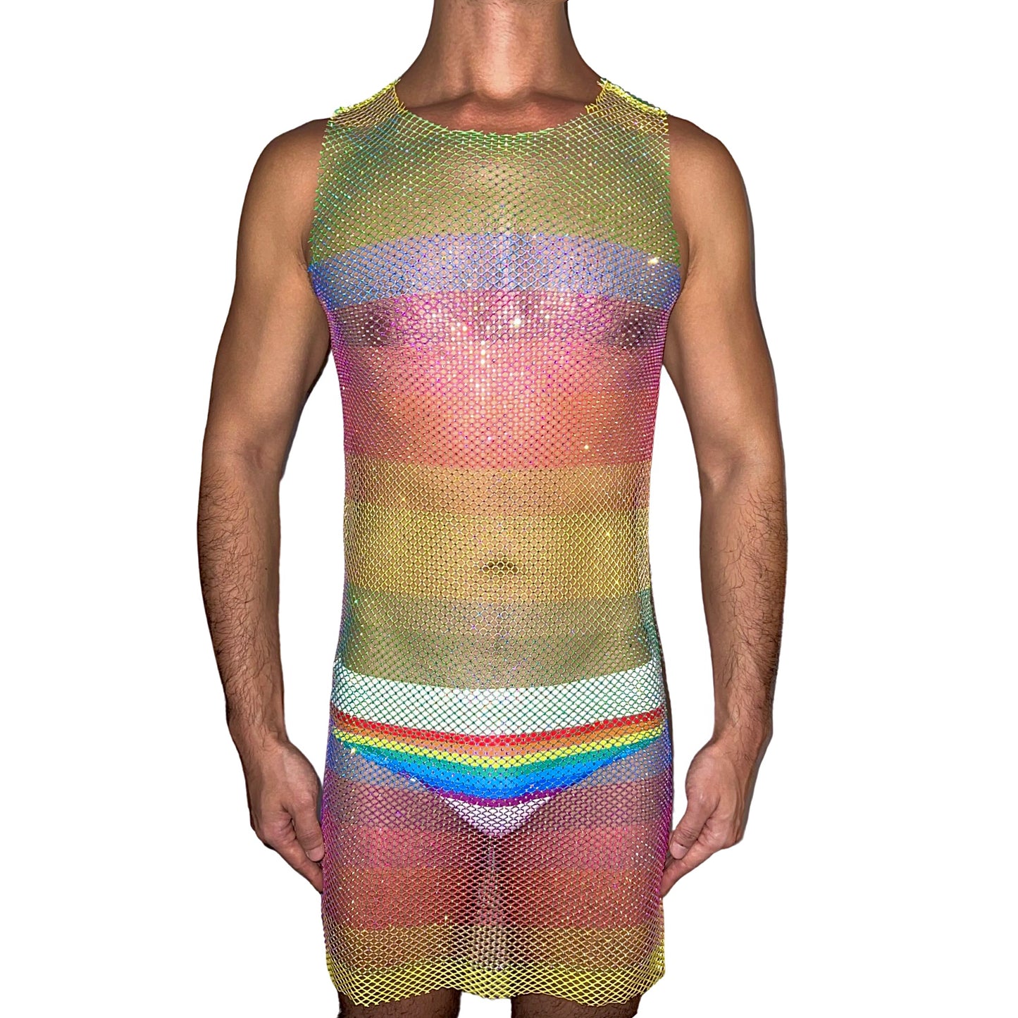 Rainbow Mesh Rhinestone Sleeveless Cocktail Dress [Horizontal Print]