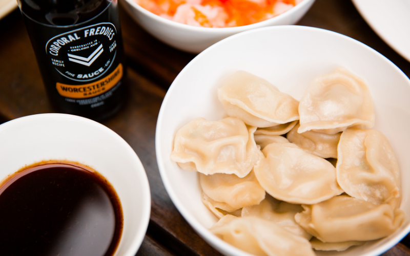 Worcestershire Sauce in dipping bowl on table