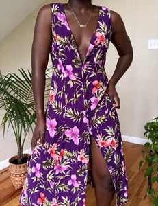 purple tropical midi dress