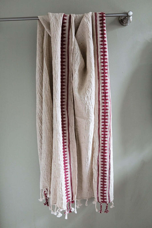 Linen Cotton Blend Turkish Towel - Natural and Red