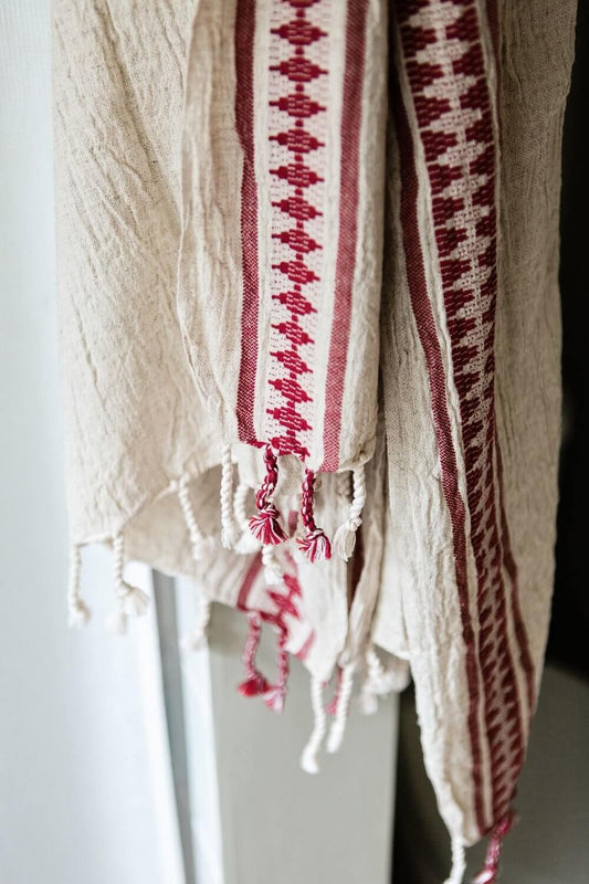 Linen Cotton Blend Turkish Towel - Natural and Red