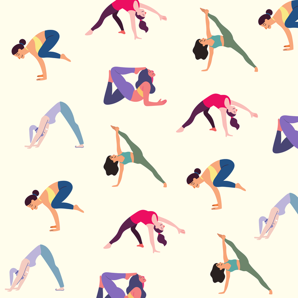 Illustrations of different women doing yoga.