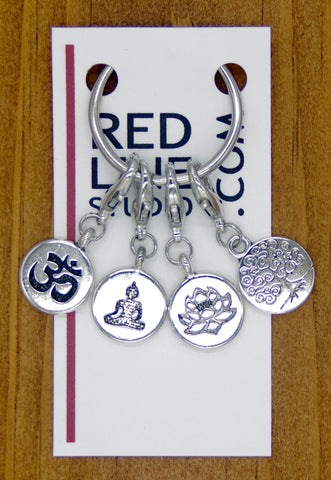 Om, Seated Buddha, Lotus Flower, Tree of Life Meditation Yoga Charms Zipper Pull Silver.