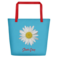 Shasta Daisy Flower White | Tote Bag | Large | Pool Blue - Red Handle