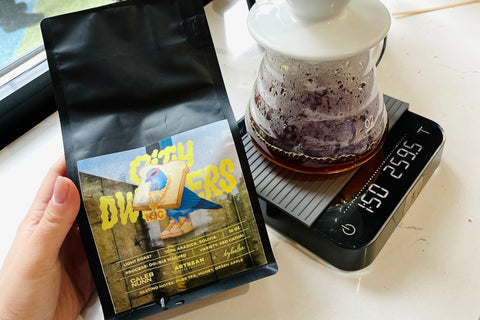 Loe & Caleb's custom City Dwellers coffee bag brewed with a v60