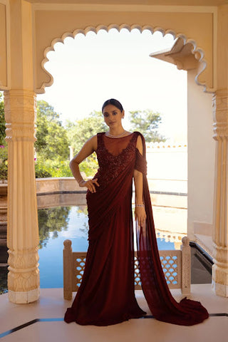 Georgette Casual Wear Gown In Burgundy Color With Embroidery With Stone  Work - Plus Size Product