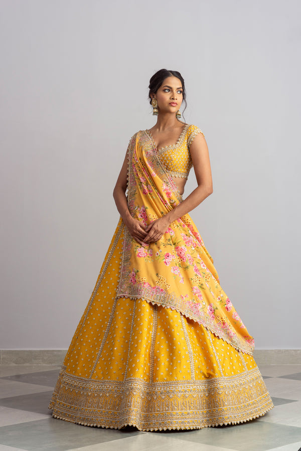 Yellow Silk Embroidered Lehenga Set Design by Anushree Reddy at Pernia's  Pop Up Shop 2024