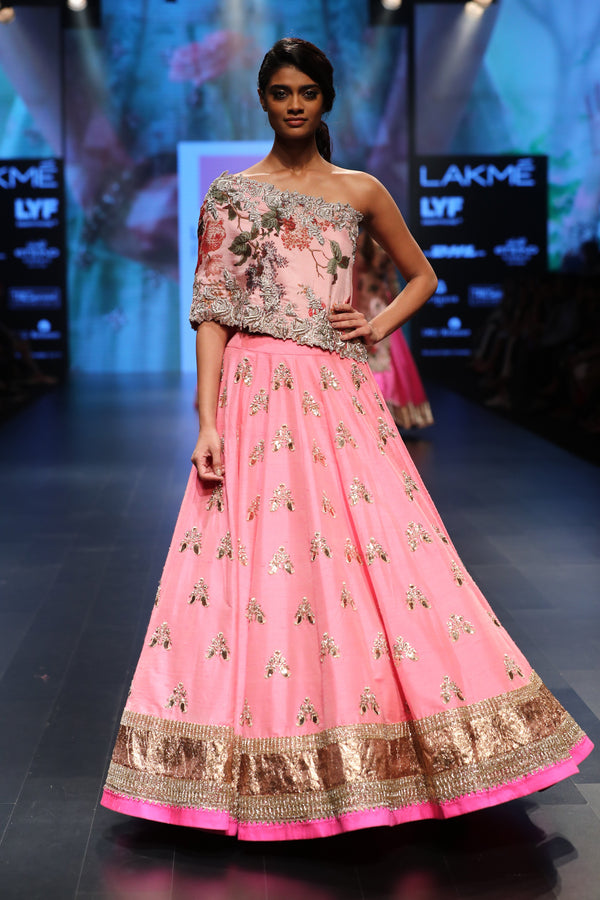 Pearl & Floral Thread Lehenga - Pink – CoutureYard