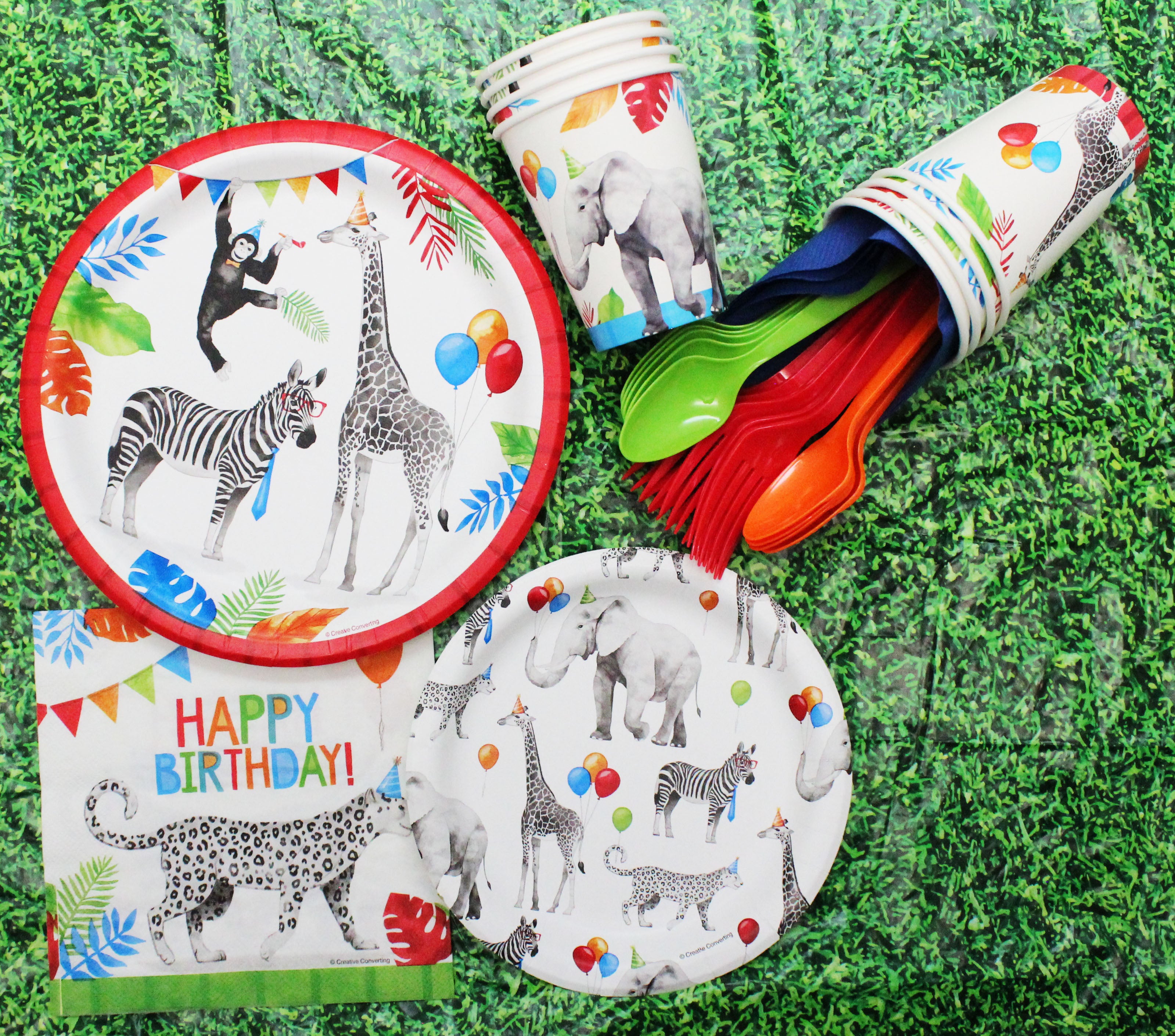 Party Animals Themed Supplies with grass tablecover