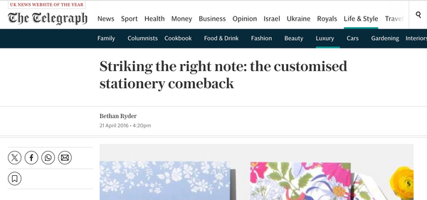 screenshot of The Telegraph article: Striking the right note: the customised stationery comeback