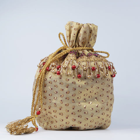 Golden Silk Potli Bag Wedding Hand Crafted Potli Bag With Beaded Chain For  Women at Rs 200/piece in Jaipur