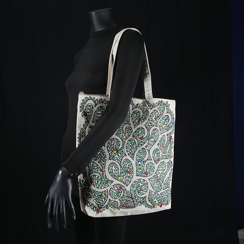 Handpainted Madhubani Ladies Large Tote / Handbag - Tree of Life 2