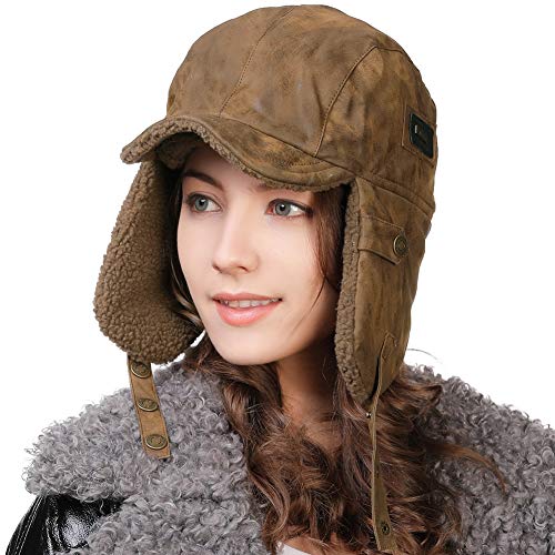 Plain Men's Winter Faux Leather Aviator Hat Brown / 56-58cm