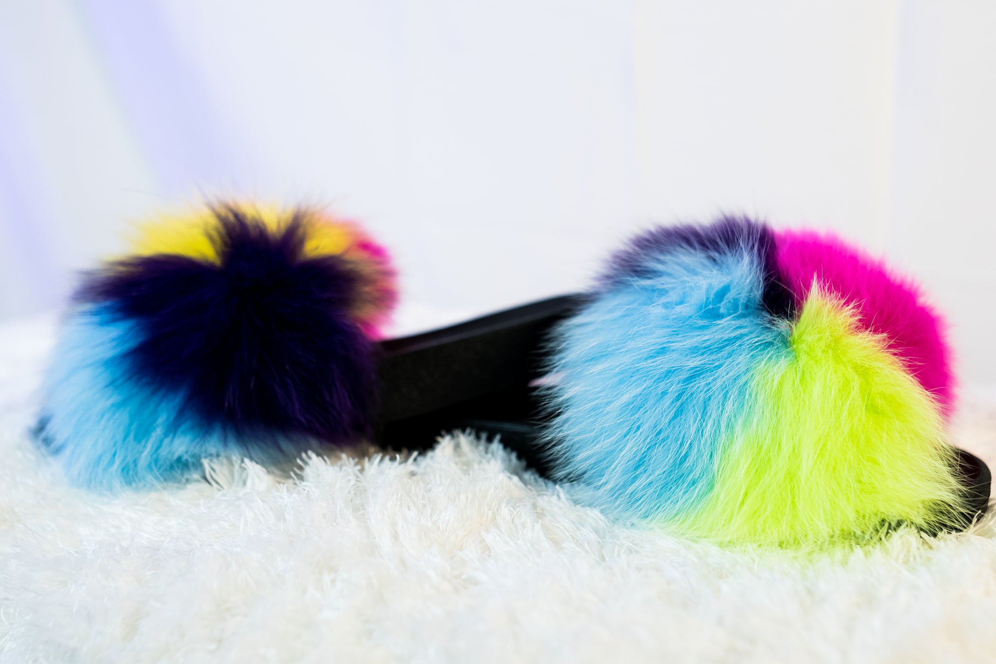 multicolor fur slides