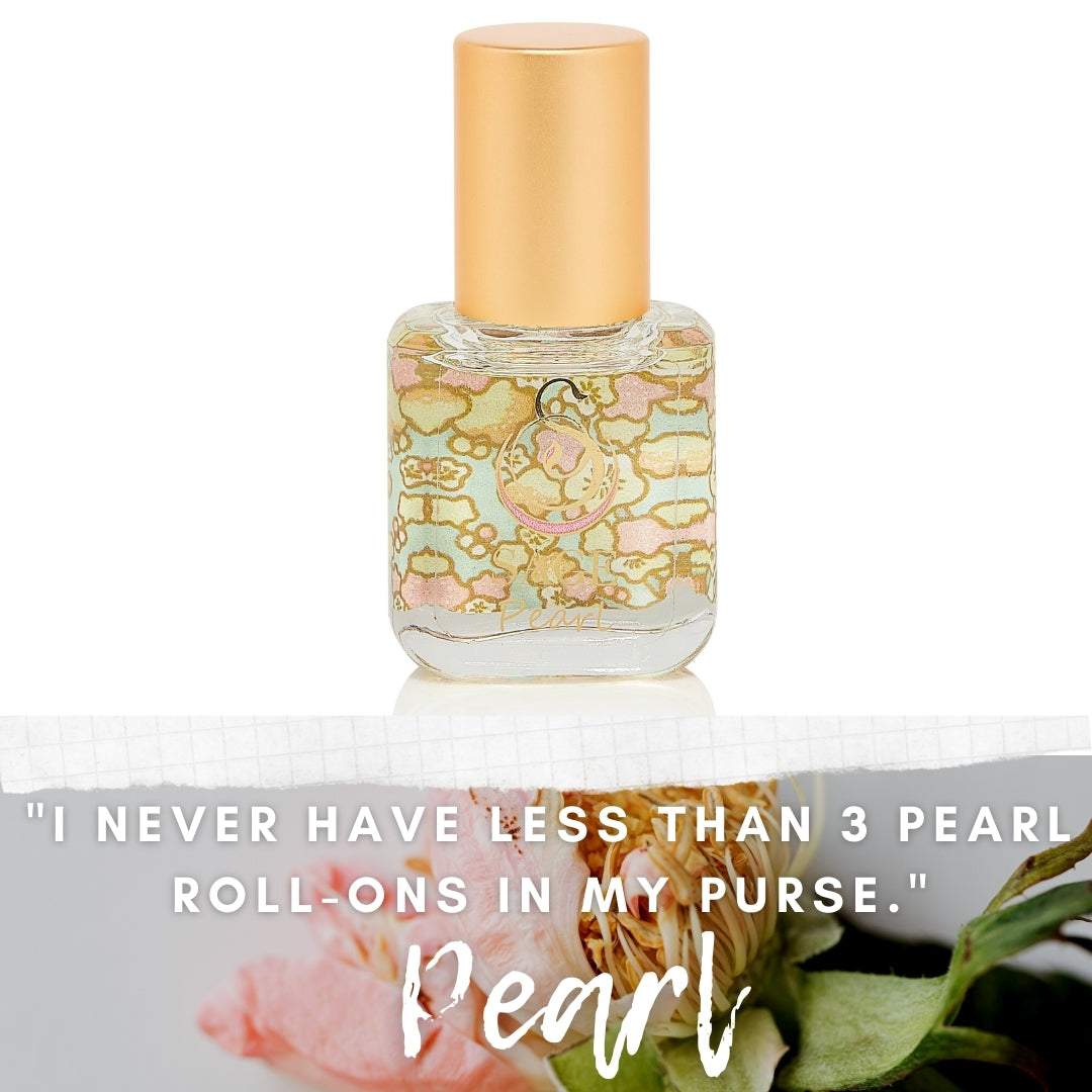 image pearl extract glass bottle with word “I never have less than 3 pearl roll ons in my purse”.