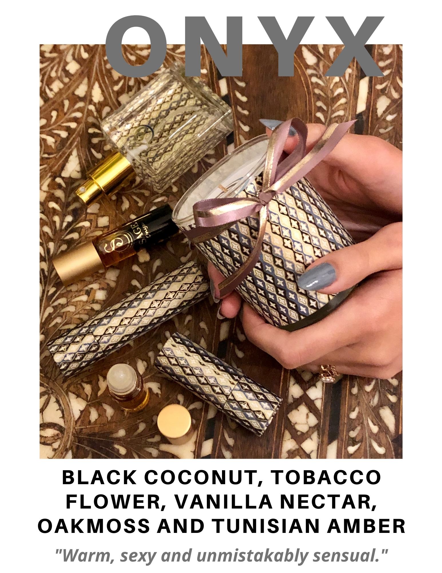 Onyx Gemstone Perfume Collection by Sage Machado, Black Coconut Tobacco Oakmoss Vanilla