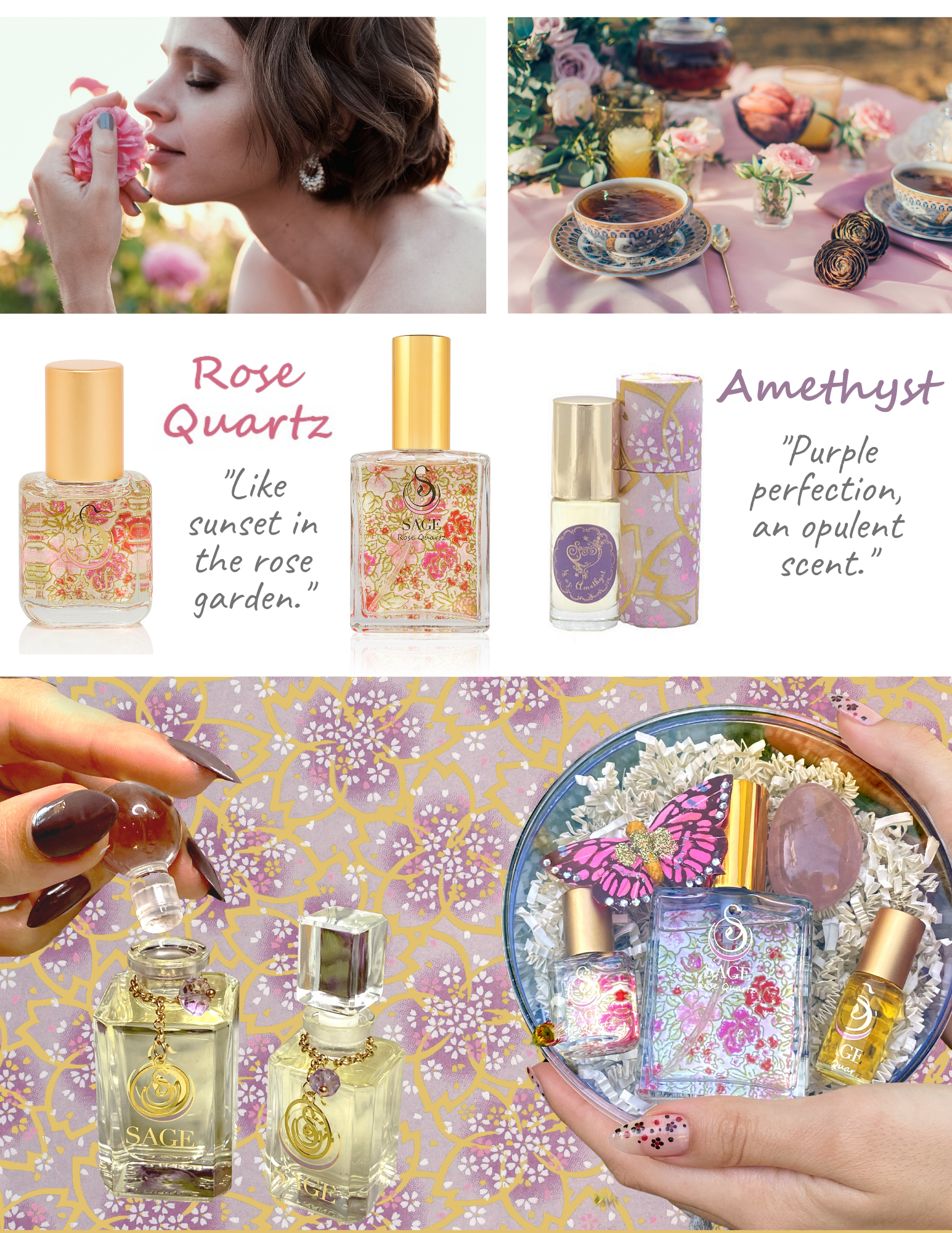 images of rose quartz and amethyst bottles with text “rose quartz like a sunset in the rose garden” “amethyst purple perfection an opulent scent”.