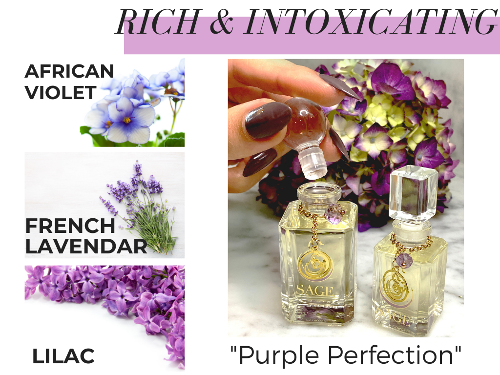 The words Rich and intoxication on top of images of African violets French lavender lilac and an image of the Amethyst vanity fragrance bottles with the words purple perfection underneath