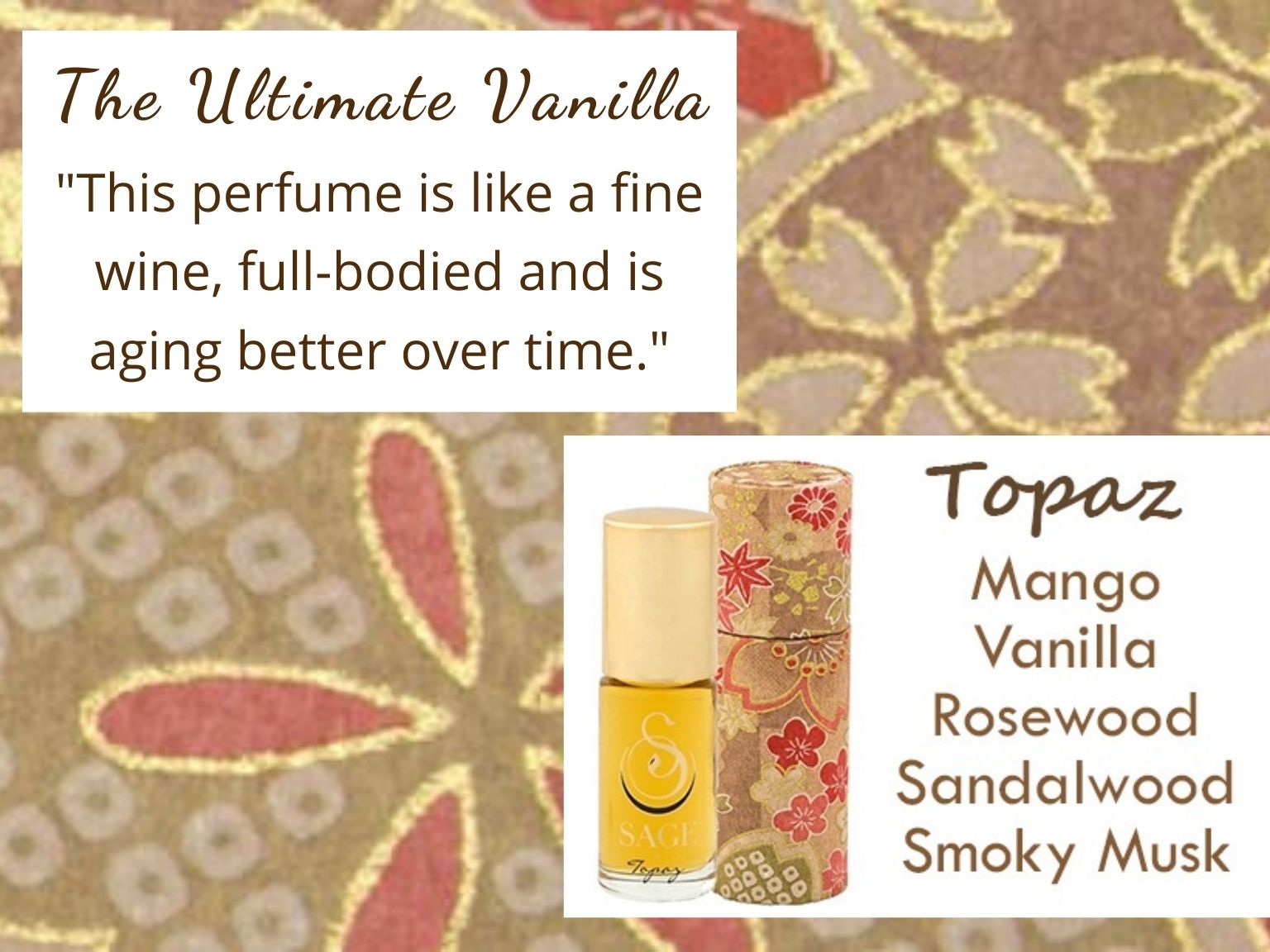 Topaz Gemstone Perfume Oil Roll On by Sage Machado, Mango Vanilla Rosewood Sandalwood Smoky Musk