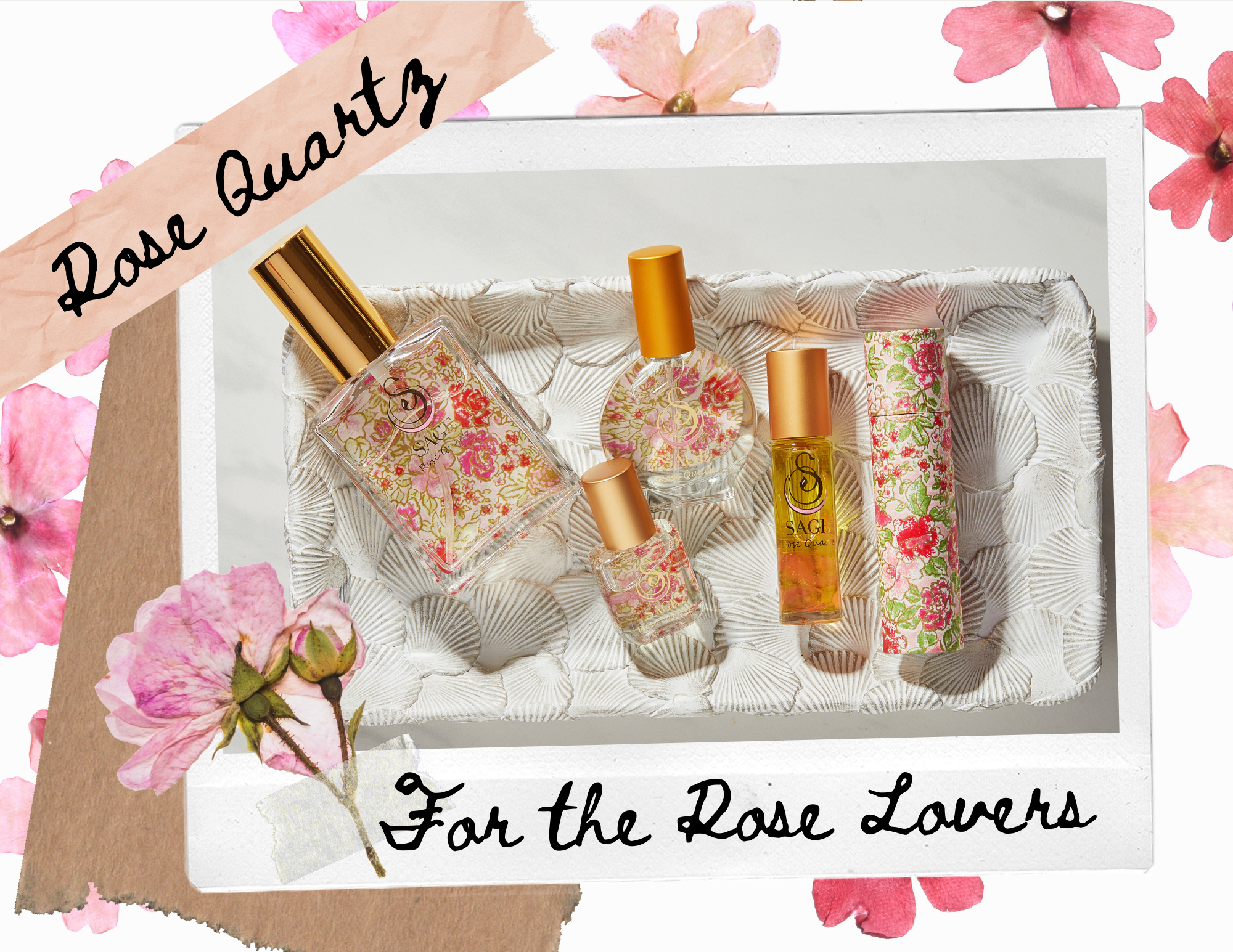 Image of rose quartz glass bottles collection on a tray decorated by seashells with the words for for the rose lovers on the bottom.