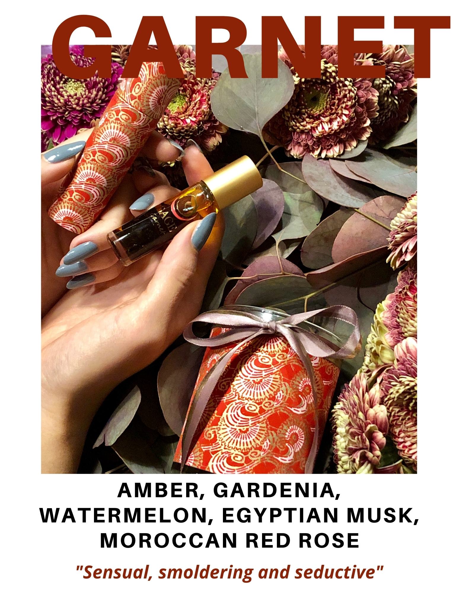 Garnet Gemstone Perfume Collection by Sage Machado, Gardenia Moroccan Amber Vanilla Musk