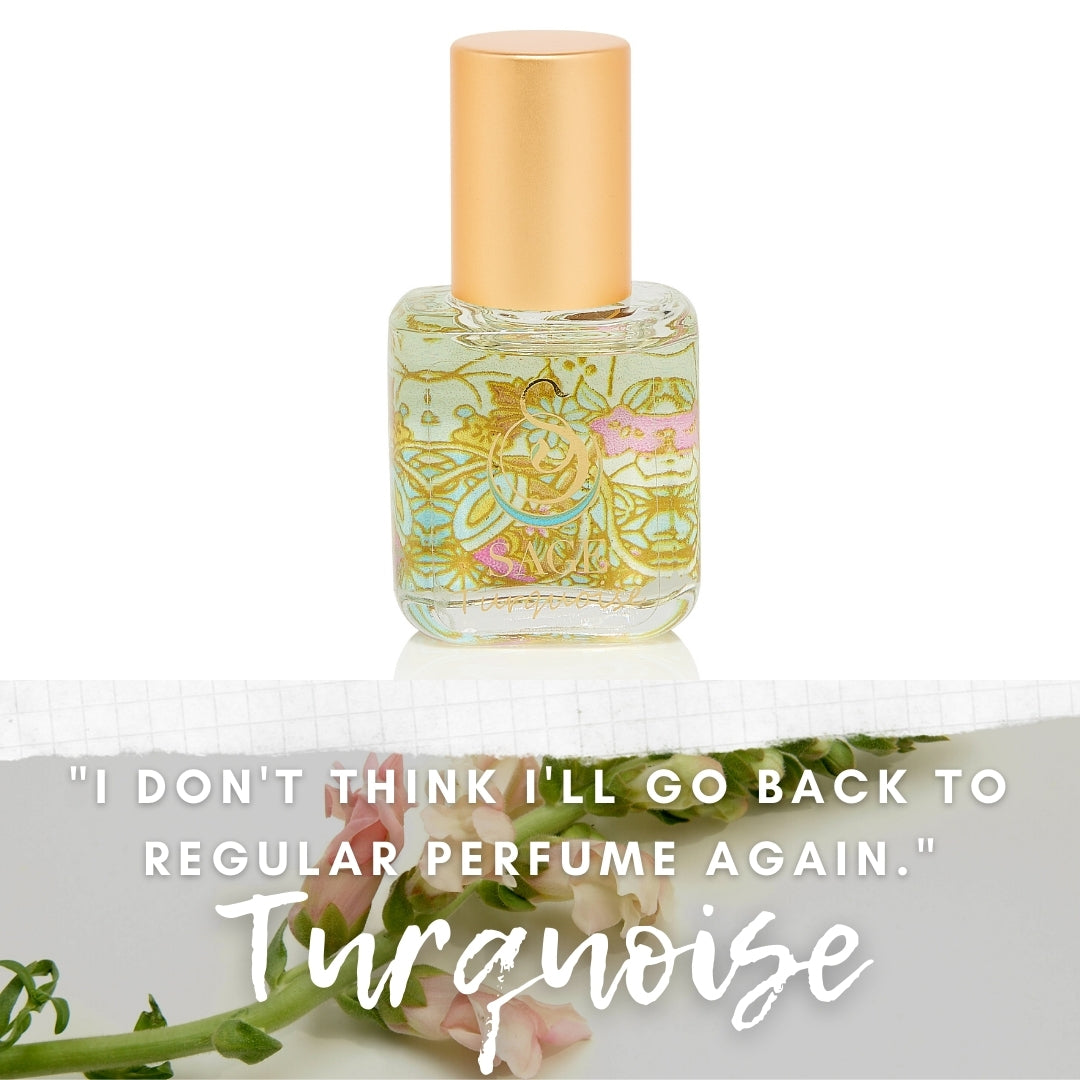 image of Turquoise extract oil bottle with words “I dont think ill go back to regular perfume  again”.