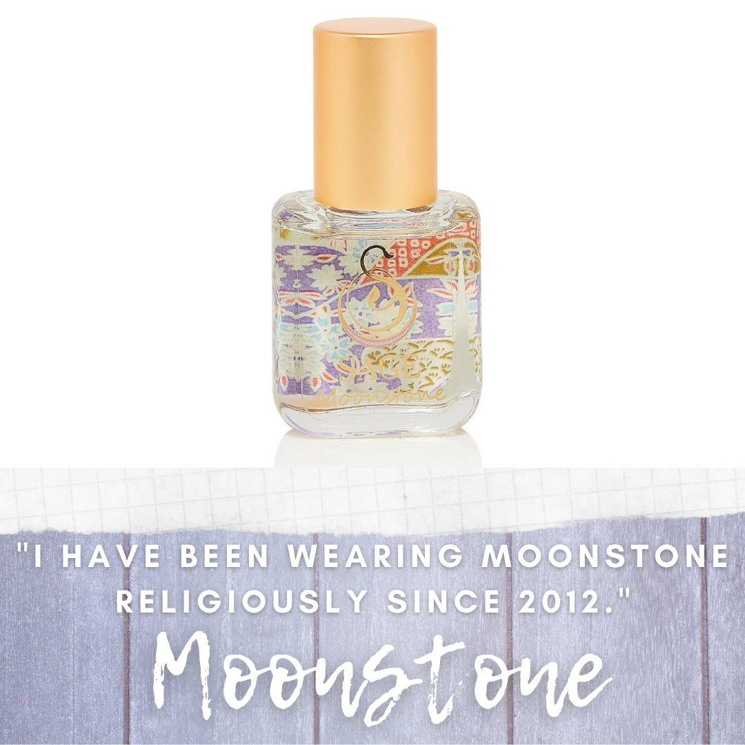 image of Moonstone extract oil glass bottle with words “ I have been wearing moonstone religiously since 2012.
