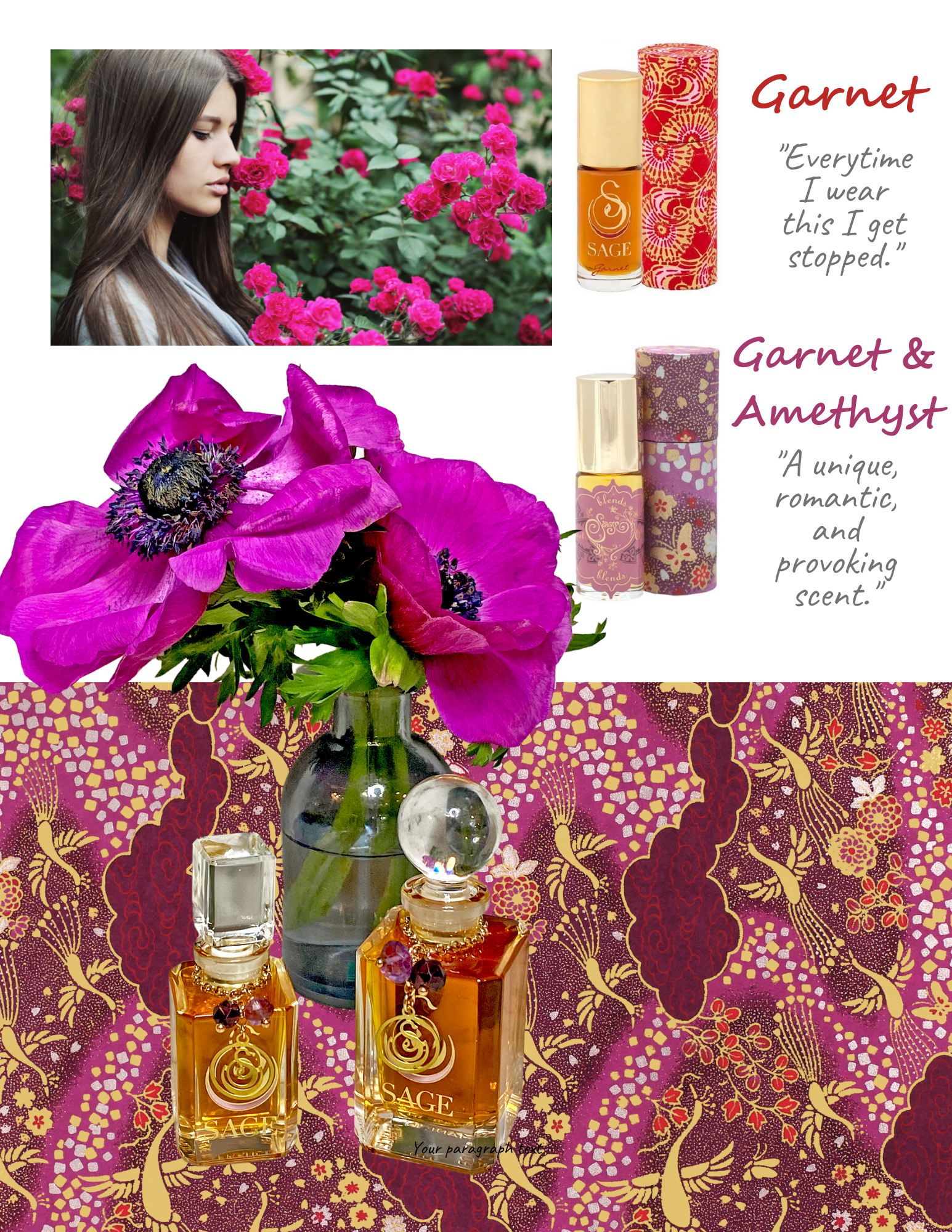 image of garnet and garnet and amethyst perfume bottles with text “Garnet everytime i wear this i get stopped””garnet and amethyst a unique romantic and provoking scent”