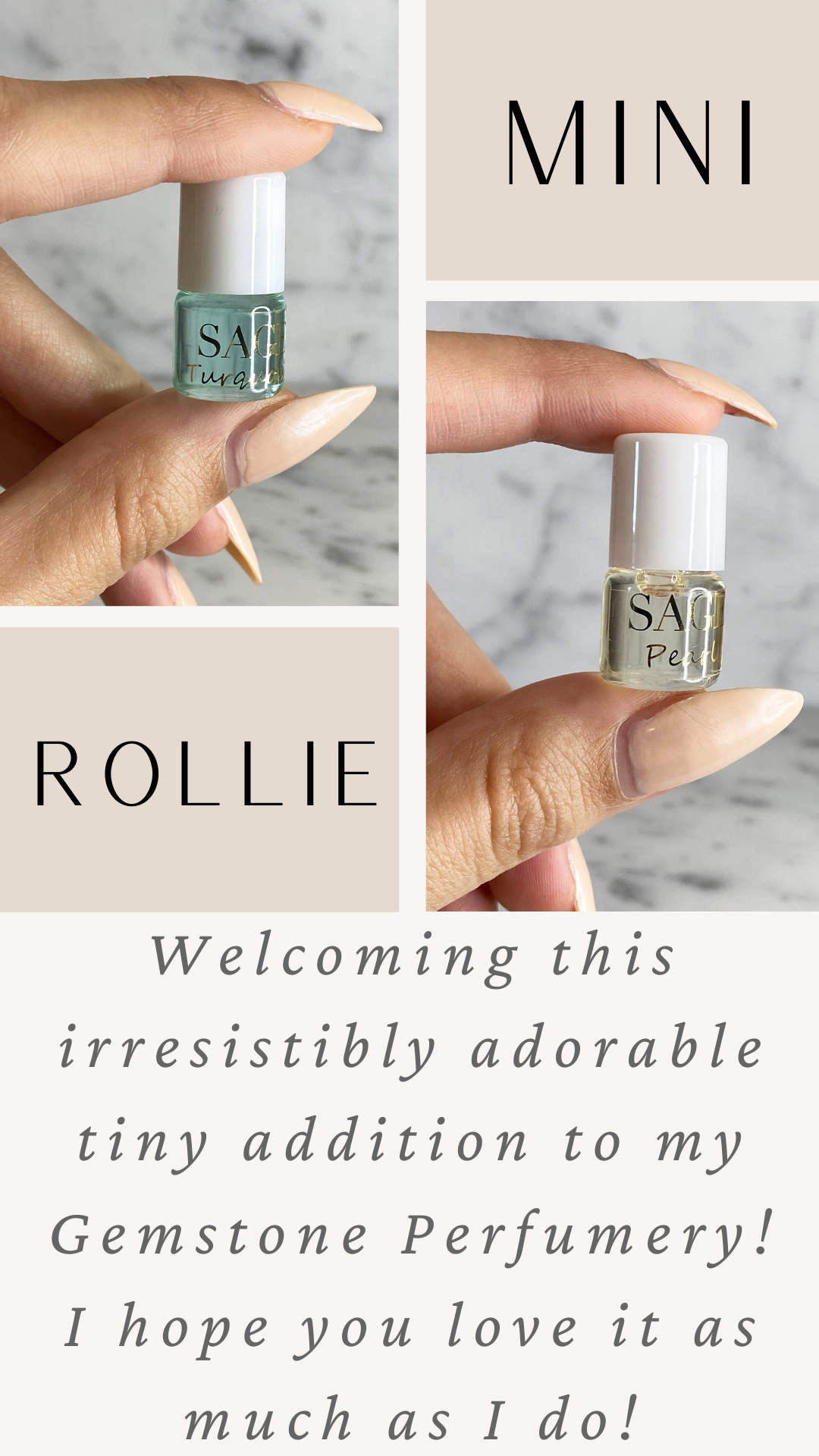 Words mini rollie , Welcoming this irresistably adorable tiny addition to my gemstone perfumery! I hope you love it as much as I do! With images of turquoise mini rollie glass bottle with white cap and Pearl mini rollie glass bottle white cap in between women’s thumb and pointer finger.