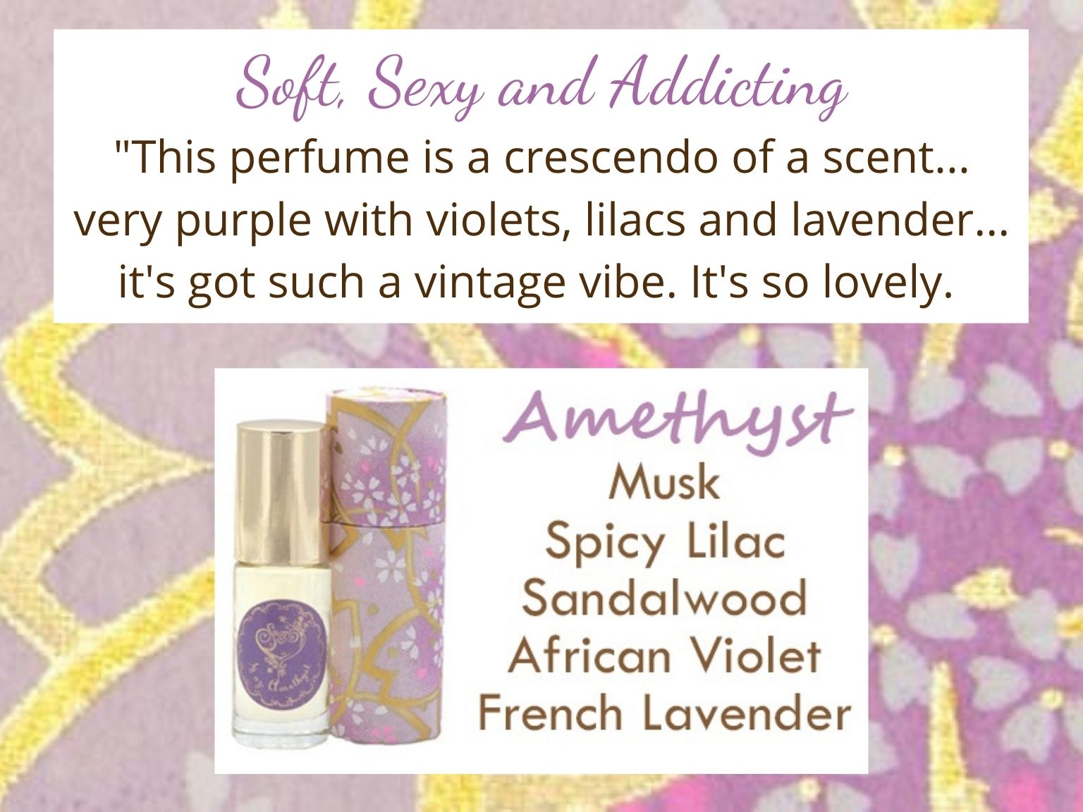 Amethyst Gemstone Perfume Oil Roll On by Sage Machado, Musk Lilac Sandalwood African Violet French Lavender