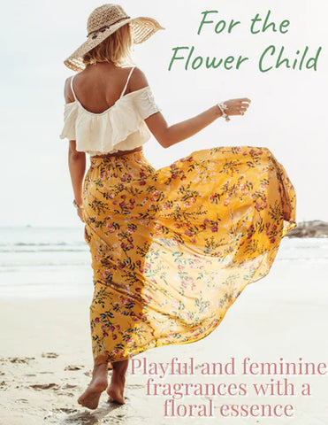 image of women walking on sandy beach with words “for the flower child’ on top and “playful feminine fragrances with a floral essence” on the bottom.