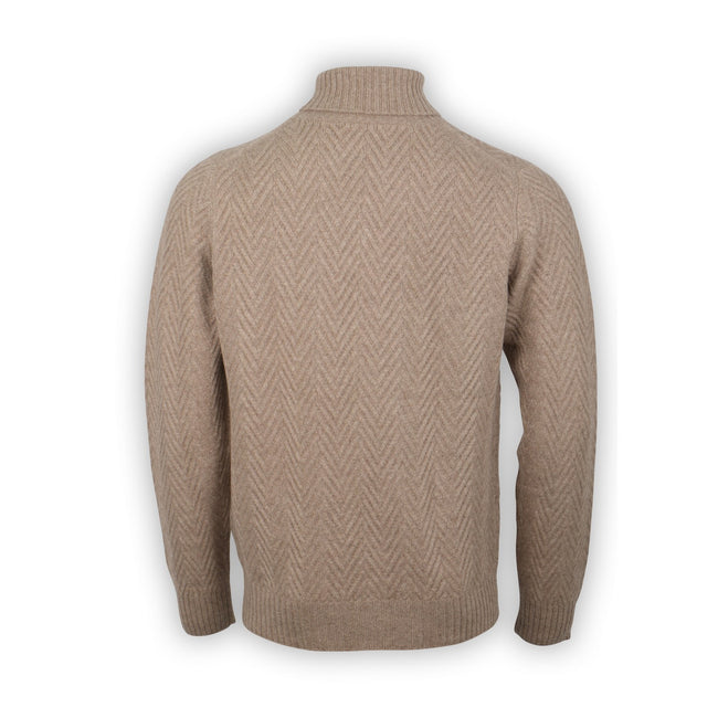 Cable Knit Sweater - Herringbone Effect Plain Cashmere Turtleneck