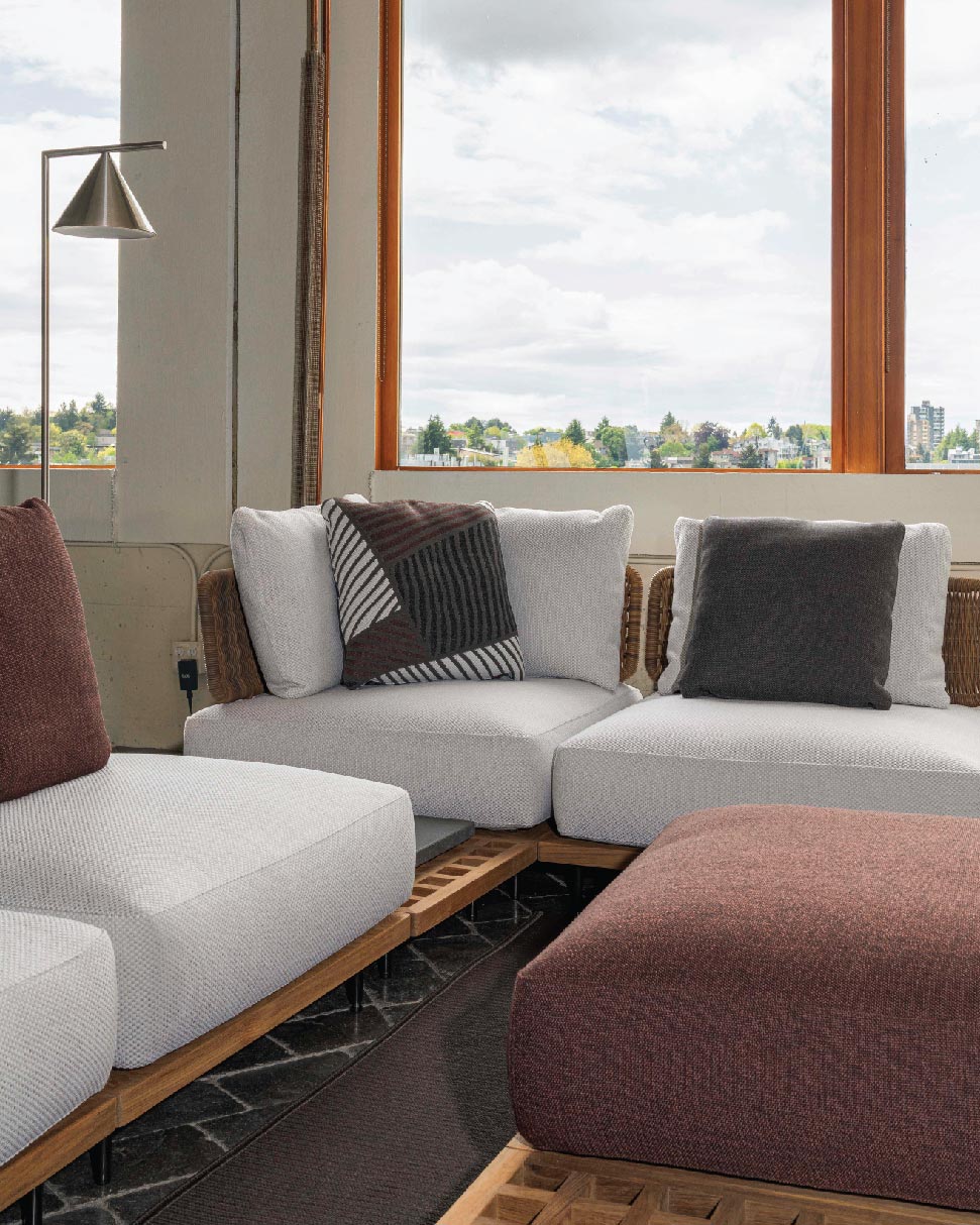 The Quadrado Outdoor Seating System designed by Marcio Kogan / studio mk27 for MINOTTI's 2022 Outdoor Collection, featured in the Livingspace Showroom in Vancouver's Armoury District
