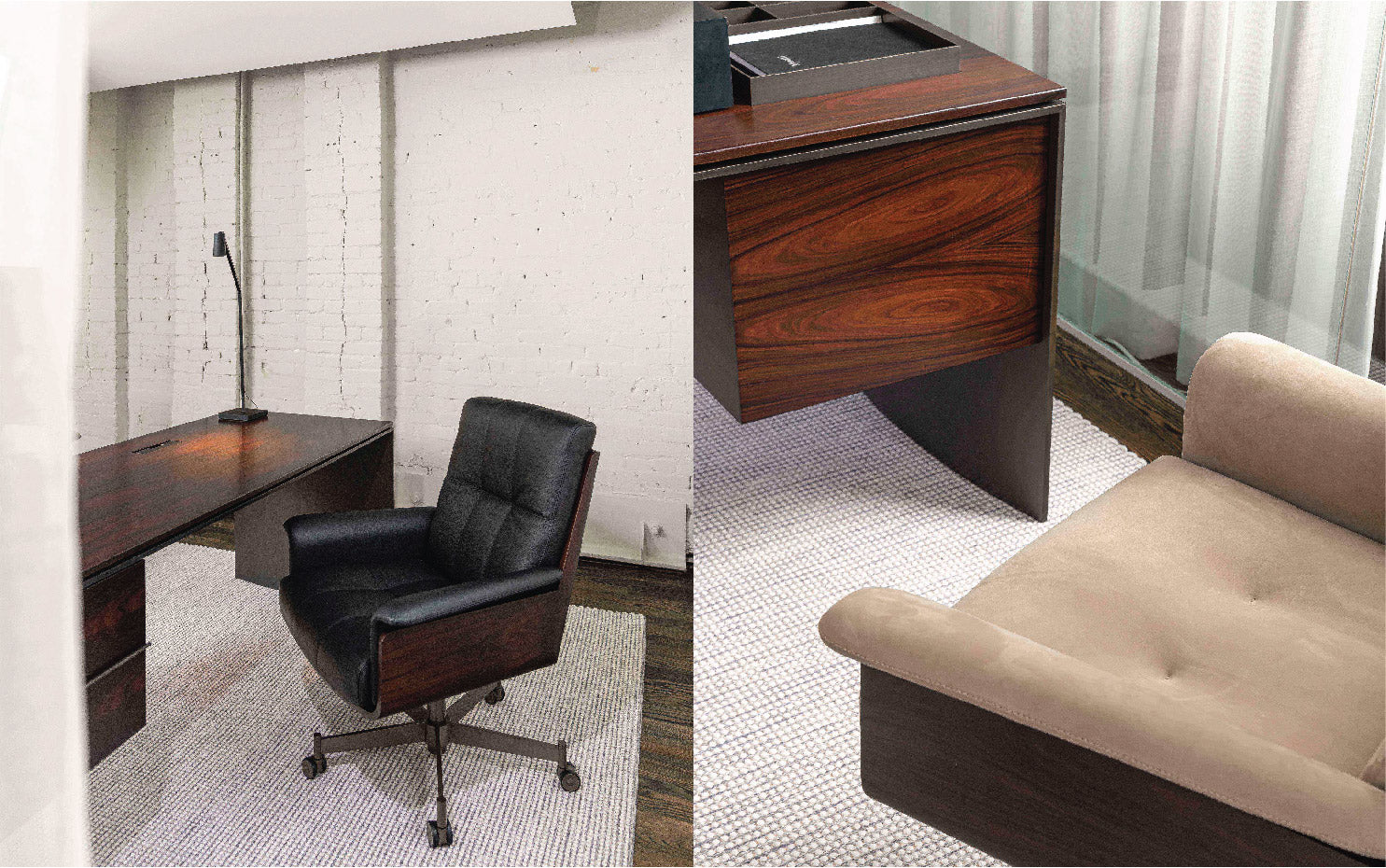 The first official work chair from Minotti – Daiki Studio and the Linha Studio desk designed by Marcio Kogan / studio mk27.