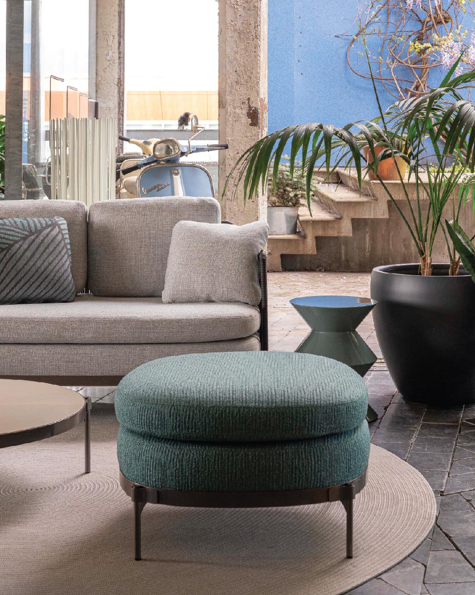 Tape “Cord” outdoor sofa, ottoman and coffee table designed by nendo, featured in the Livingspace Showroom in Vancouver's Armoury District