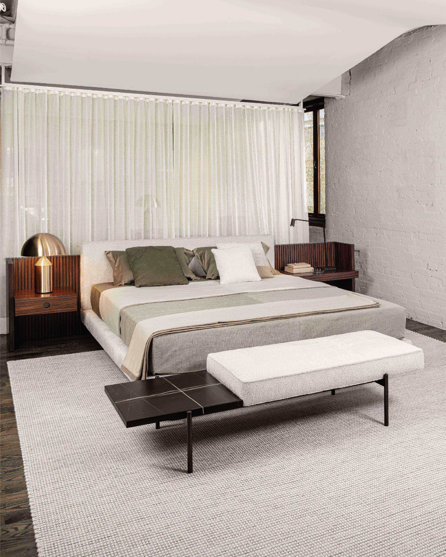 Brasilia bed designed by Marcio Kogan / studio mk27 – Minotti’s first bed to highlight wooden elements, featuring a large Palisander Santos headboard around a luxurious plush base.