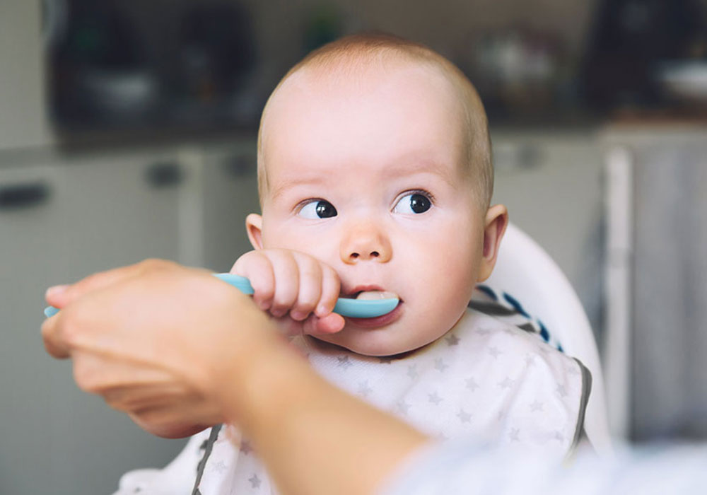 baby starting solid foods holding a silicone spoon and being fed buy mum