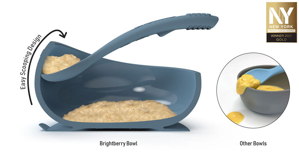 easy scooping suction bowl and ergonomic silicone spoon showing assisted scooping