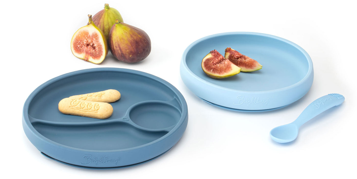 Assiette divisée Brightberry et plaques à ventouse en silicone de couleurs bleues