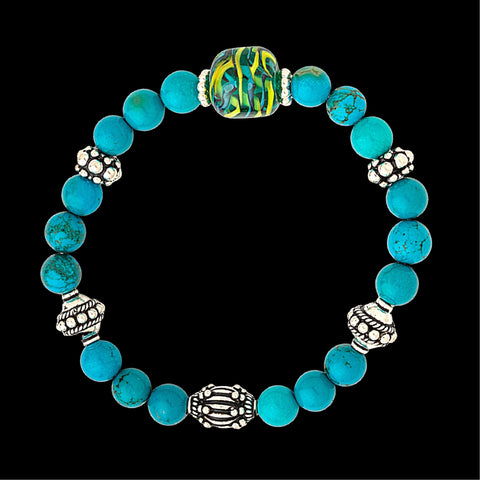 Healing Gemstone Bracelet  hand-sculpted glass bead enhanced with sterling silver beads and turquoise gemstones on a stretchy nylon cord