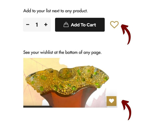 Red arrow pointing to gold heart used to create wishlist on Nixon Art Glass website